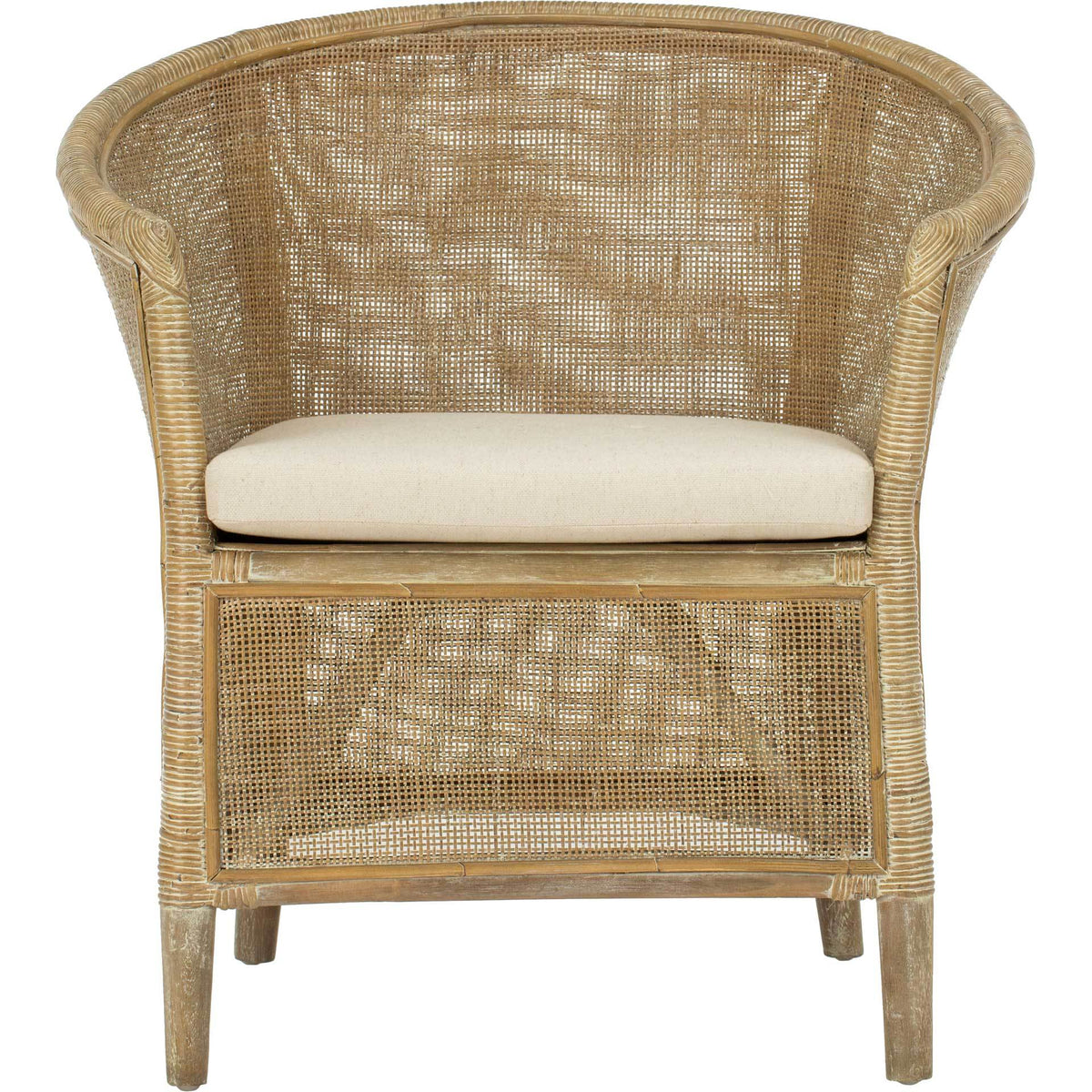 A sweeping barrel back and curved arms frame an off-white linen cushion above a woven rattan base. || ACH6502A || front_studio