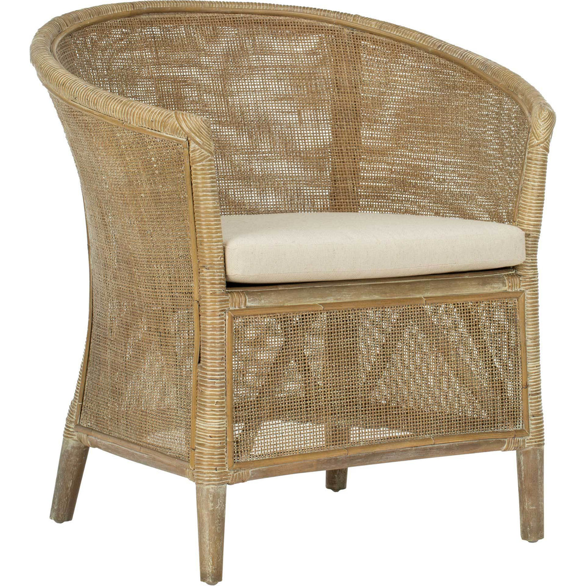 Whitewashed rattan curves around an off-white linen cushion, with airy woven panels on the sides and base. || ACH6502A || front_angle_studio