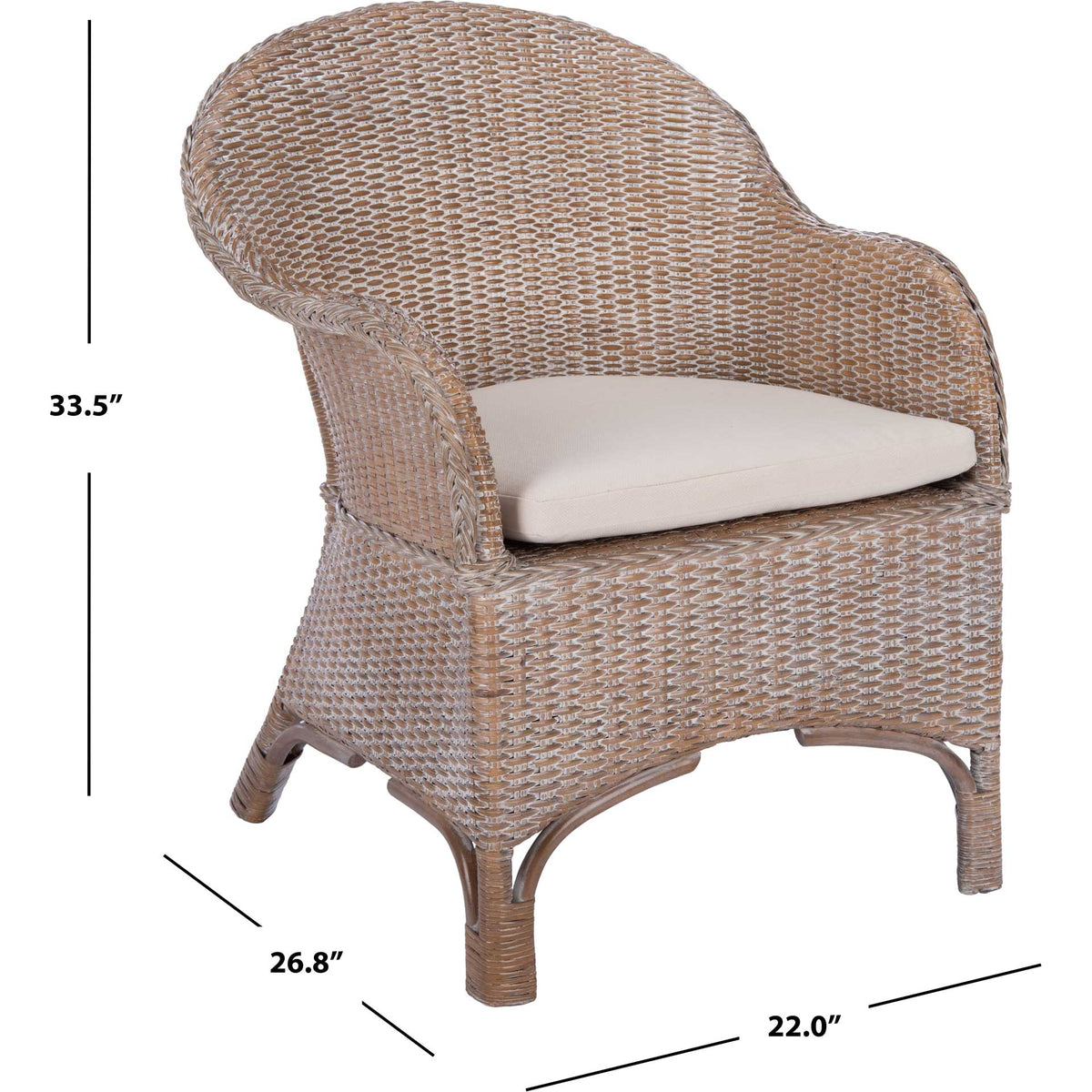 This rattan accent chair measures 26.8 inches wide, 22 inches deep, and 33.5 inches high.