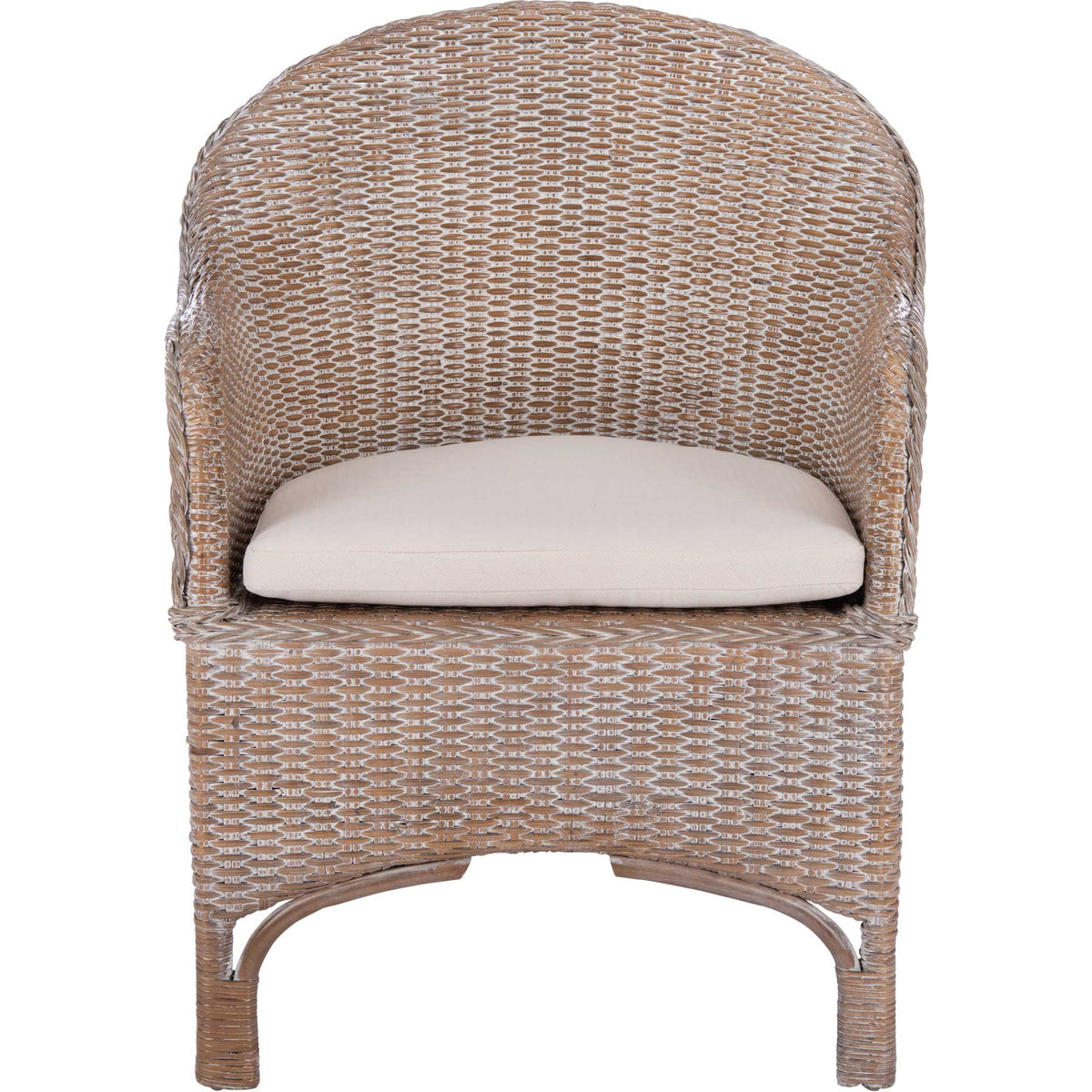 A rounded woven rattan back wraps into gently curved arms around a plush white seat cushion. || ACH6504A || front_studio