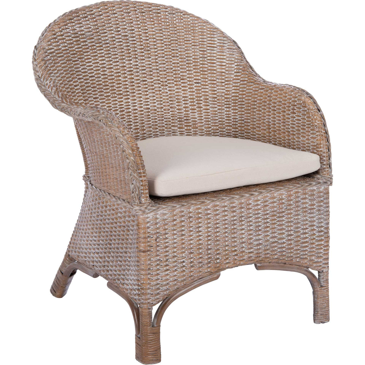 Whitewashed rattan and a soft white cushion add relaxed texture to this curved accent chair. || ACH6504A || front_angle_studio