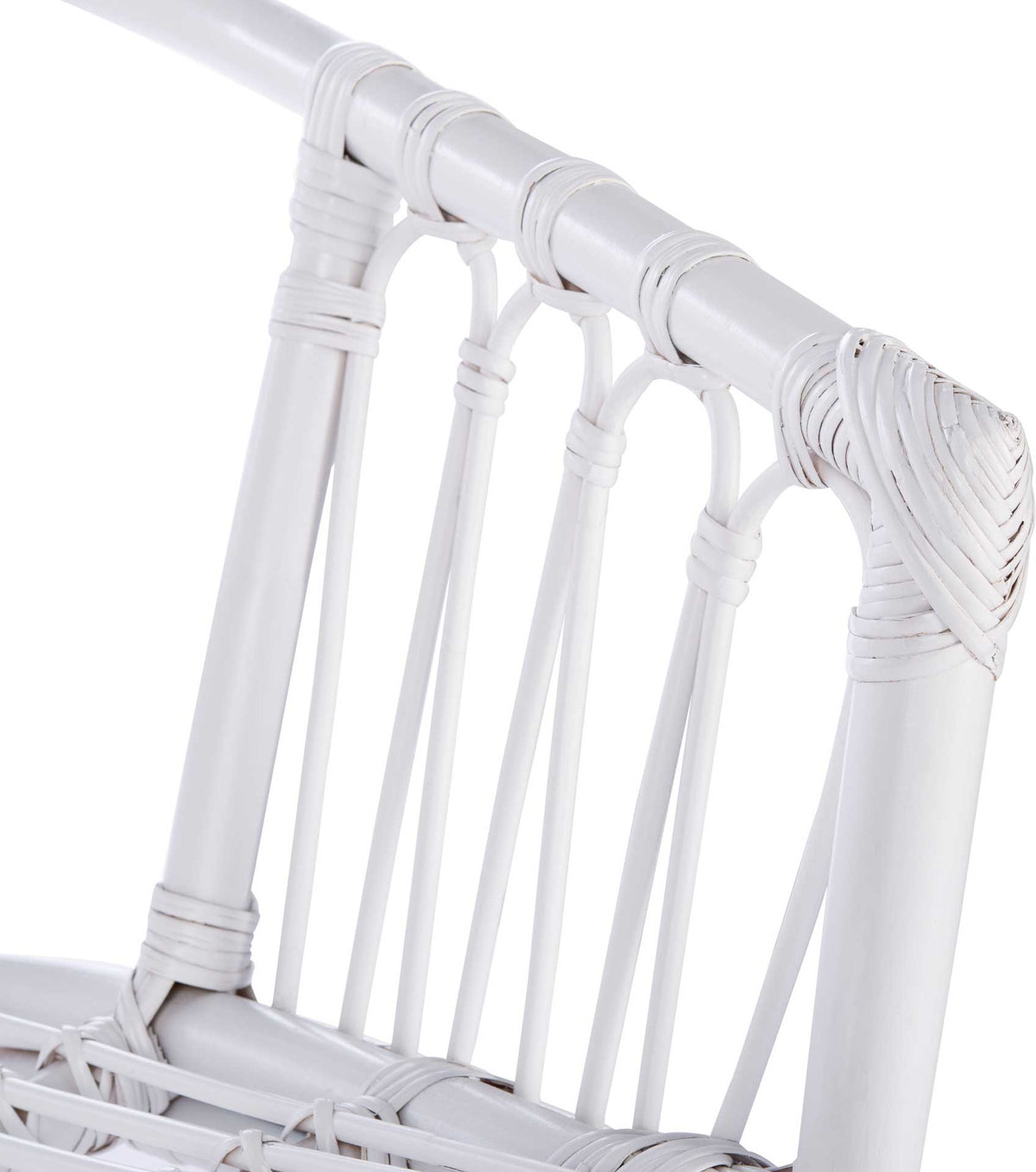 White rattan spindles join a rounded rail with tightly bound details