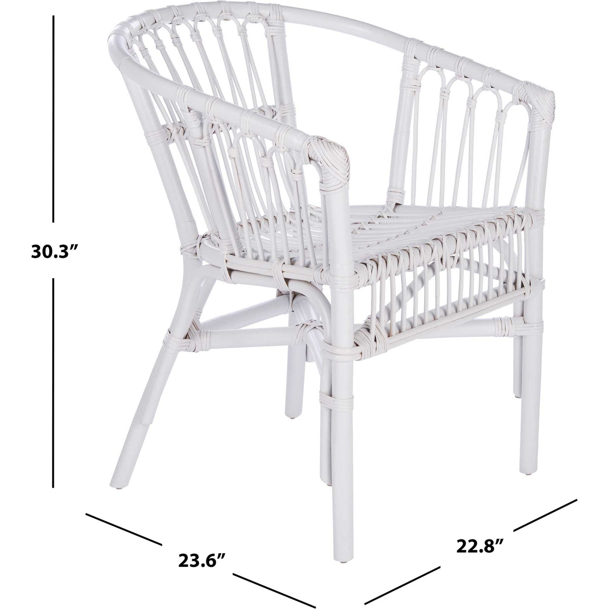 Airy white rattan chair measures 23.6 inches wide, 22.8 inches deep, and 30.3 inches high