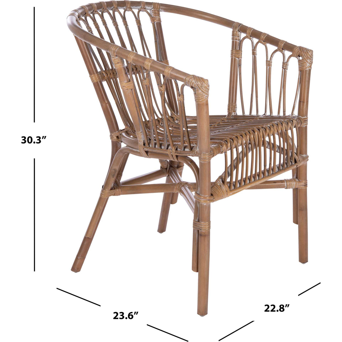 Gray-whitewashed rattan chair stands 30.3 inches high on slim, cross-braced legs