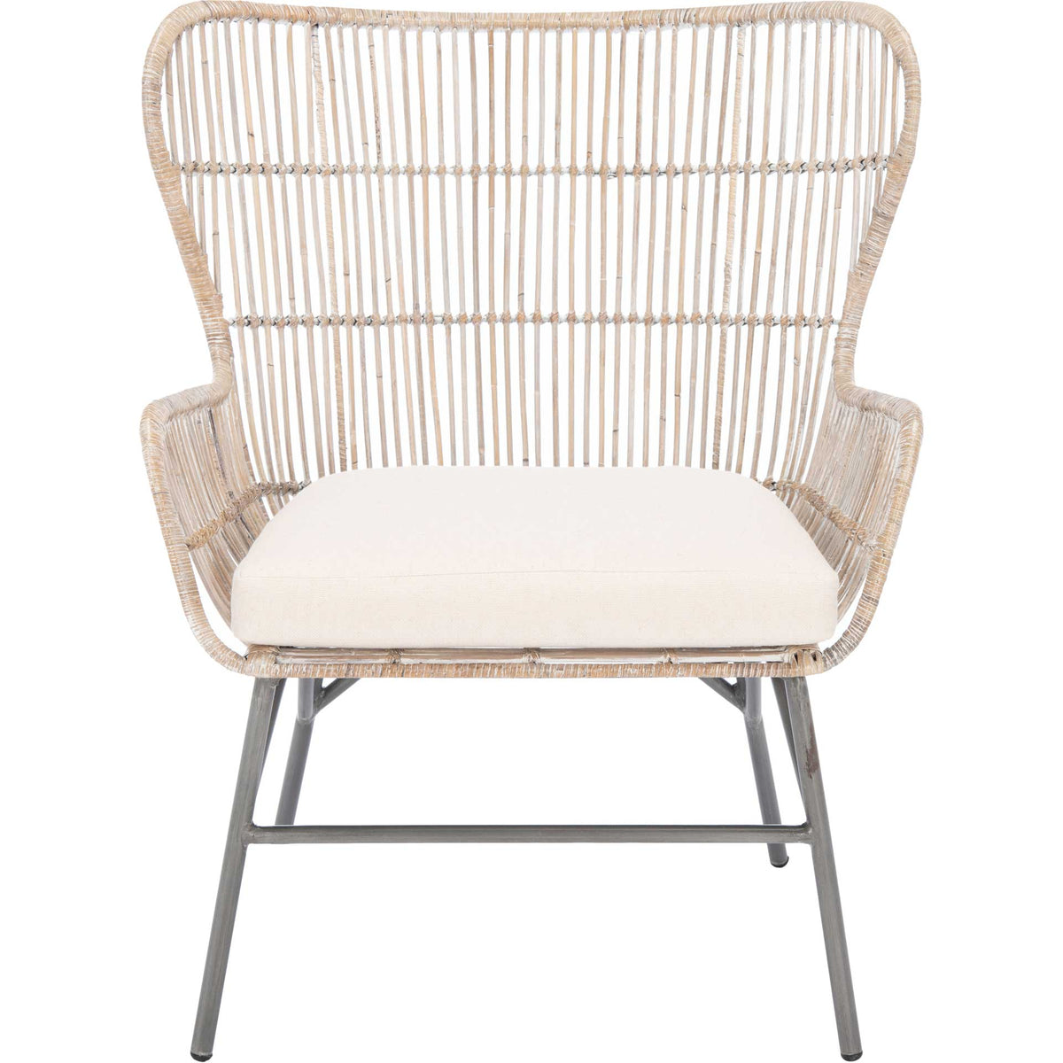 A flared whitewashed rattan back rises above a plush white cushion and tapered metal legs || ACH6510A || front_studio