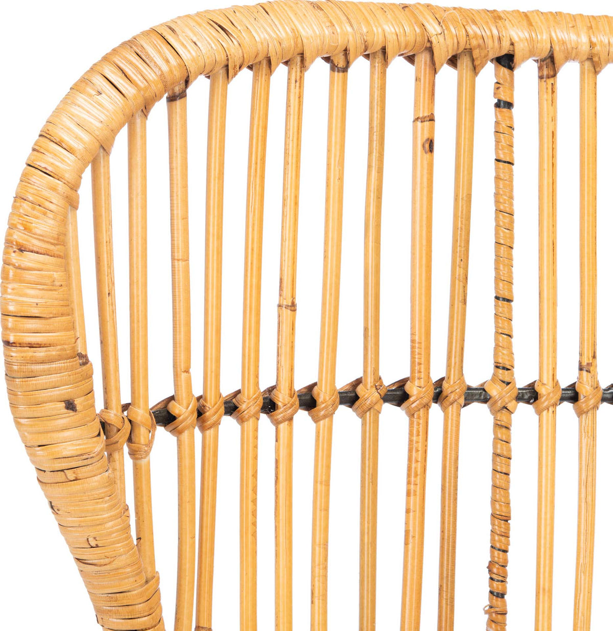 Honey-colored rattan wraps the backrest rim, with slender spindles joined by woven bindings