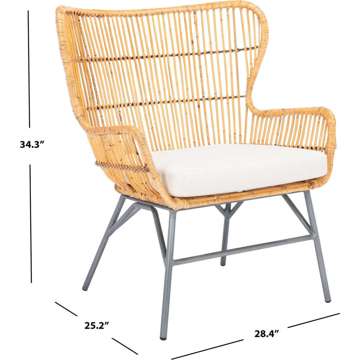 Natural rattan chair with a white cushion measures 25.2 by 28.4 by 34.3 inches