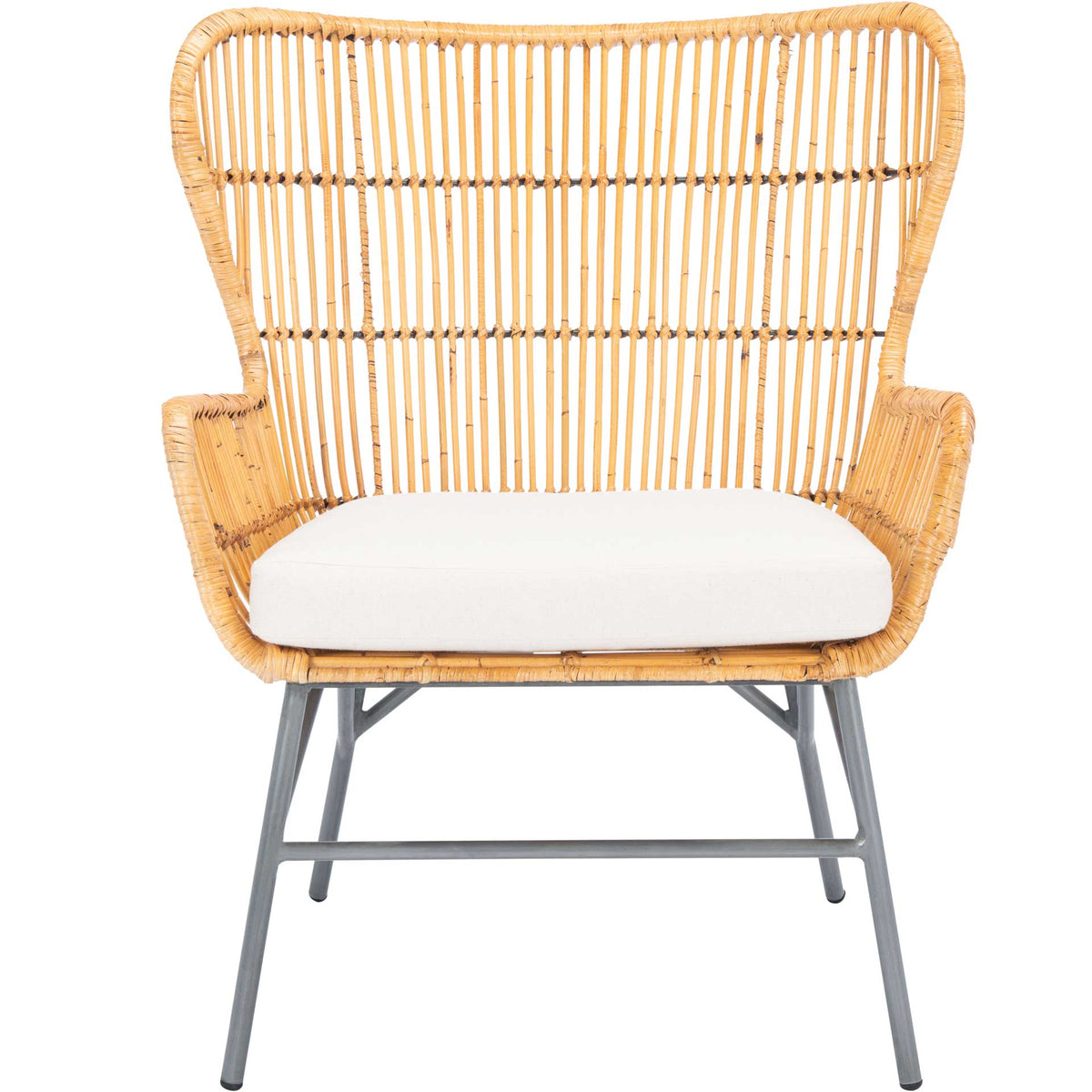 A tall fan-shaped rattan back and curved arms frame a white cushioned seat above metal legs || ACH6510B || front_studio