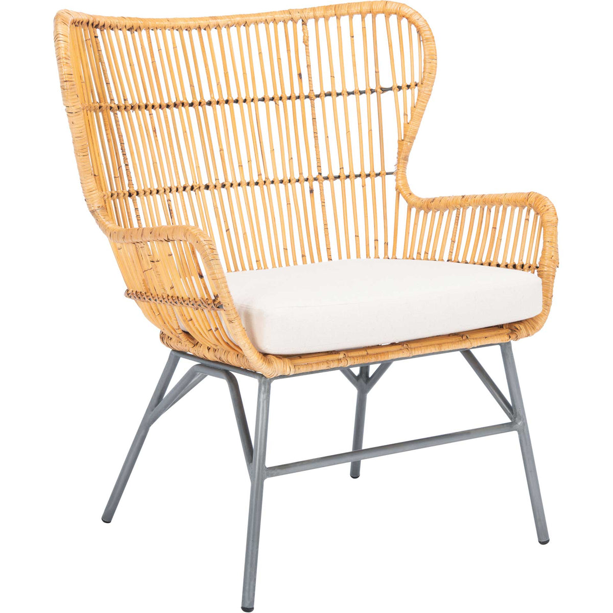 Warm natural rattan curves into an open fanback around a white cushion on slim metal legs || ACH6510B || front_angle_studio