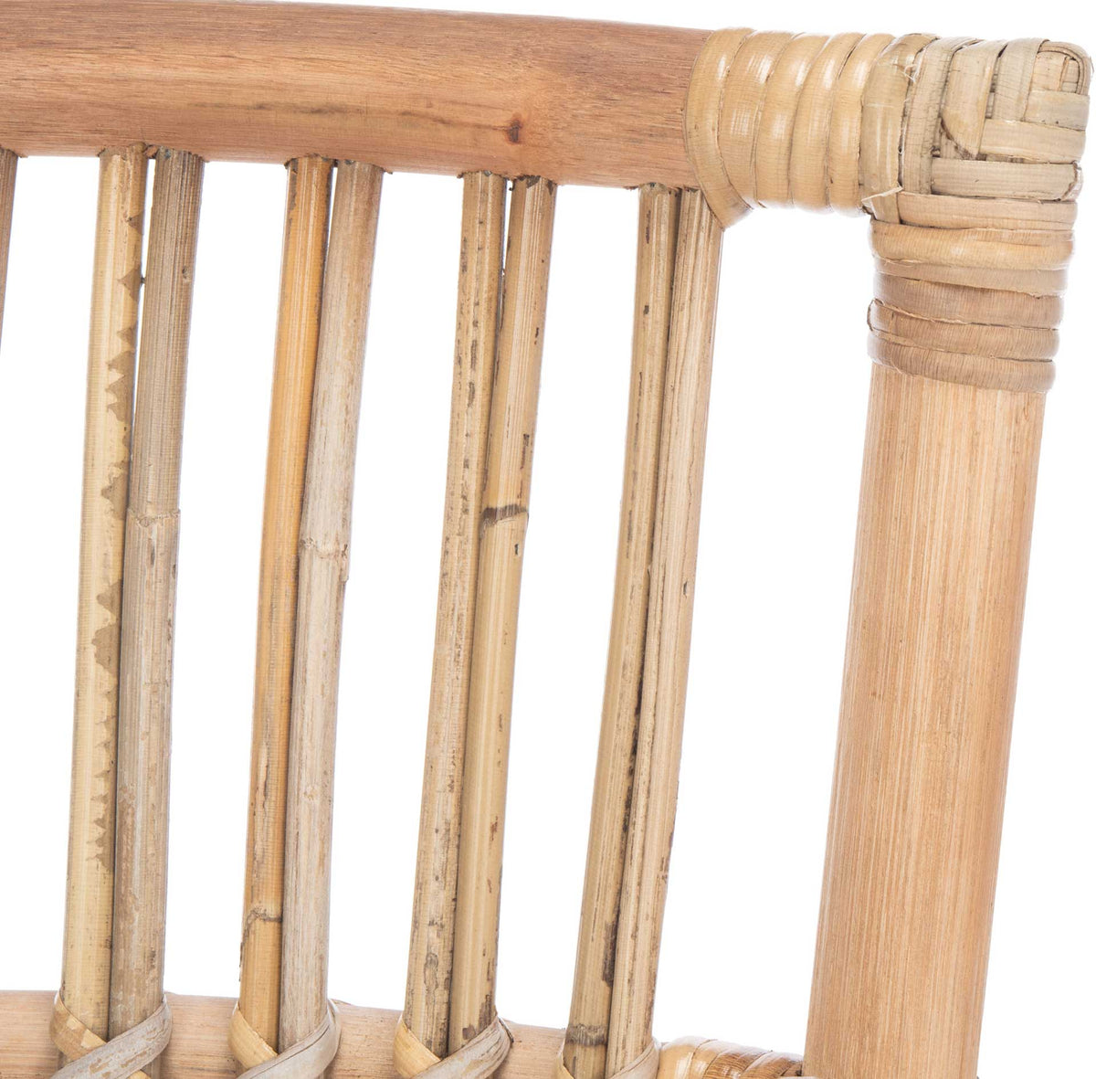 Wrapped rattan joints and slender back spindles showcase warm, organic texture