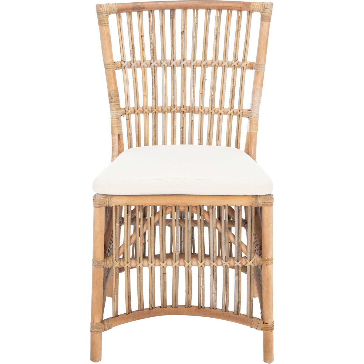 Open rattan spindles and an arched base lend this cushioned chair coastal appeal || ACH6511A-SET2 || front_studio