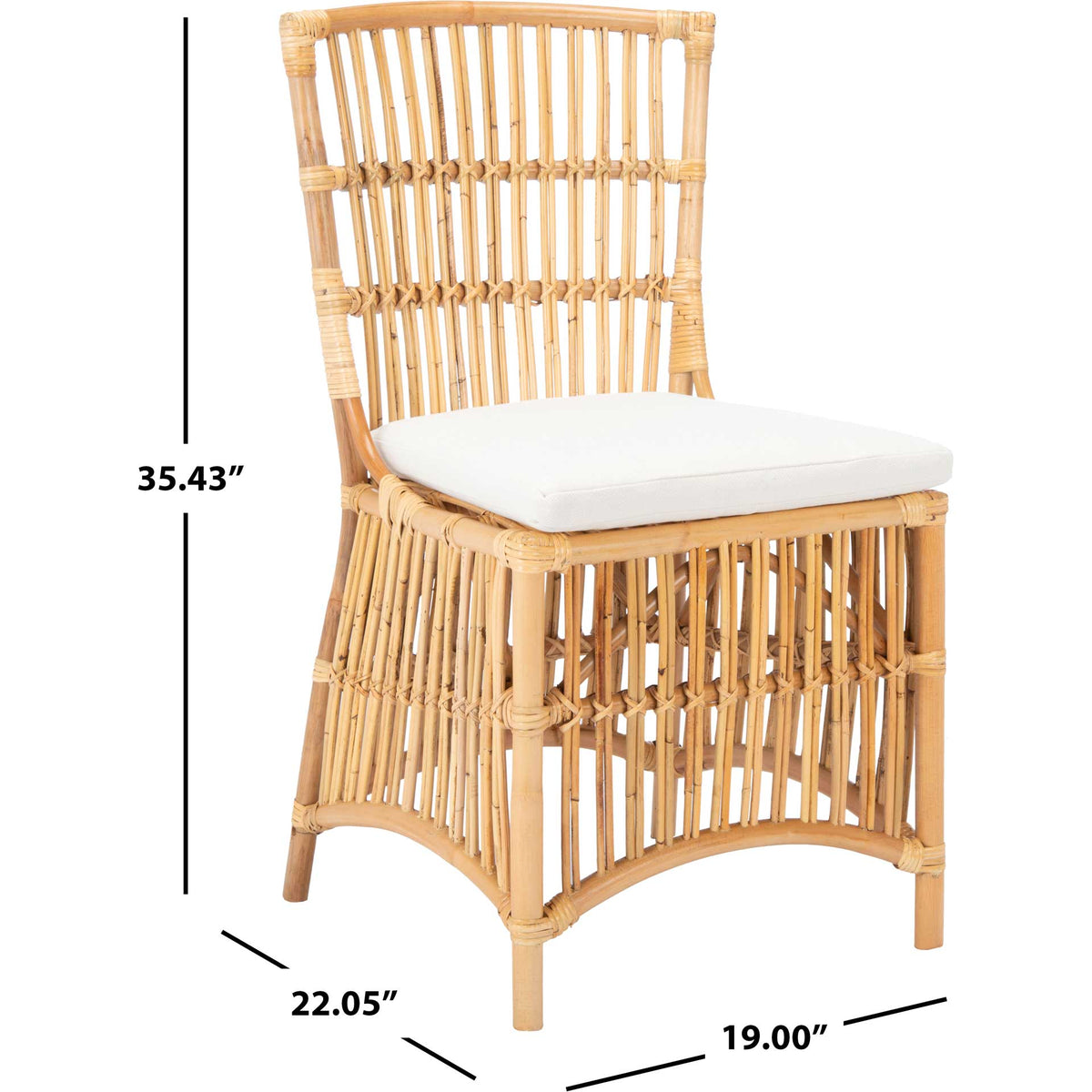 Natural rattan chair stands 35.43 inches high with an airy back and white cushion