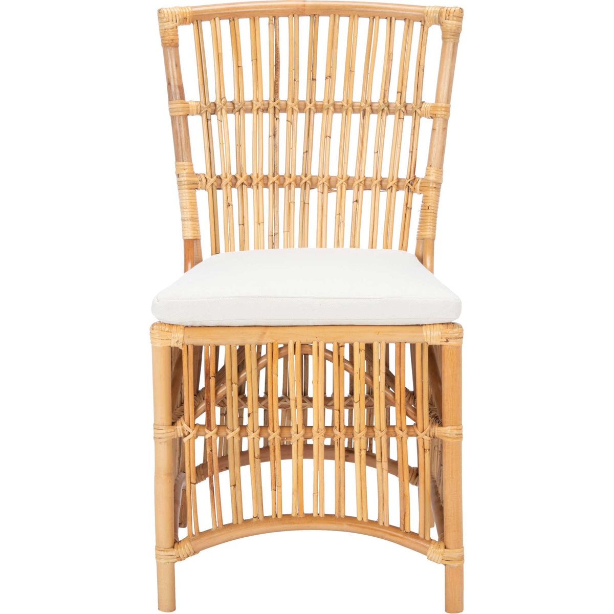 A curved rattan back, crisp white cushion, and open base create a breezy seat || ACH6511B-SET2 || front_studio