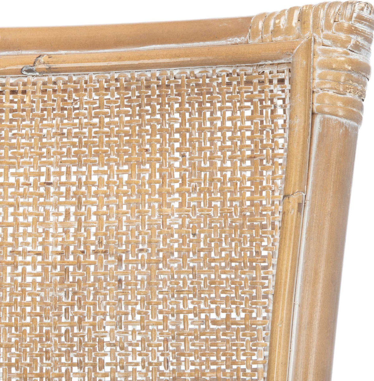 Intricate rattan weave and wrapped corners add texture to the chair back