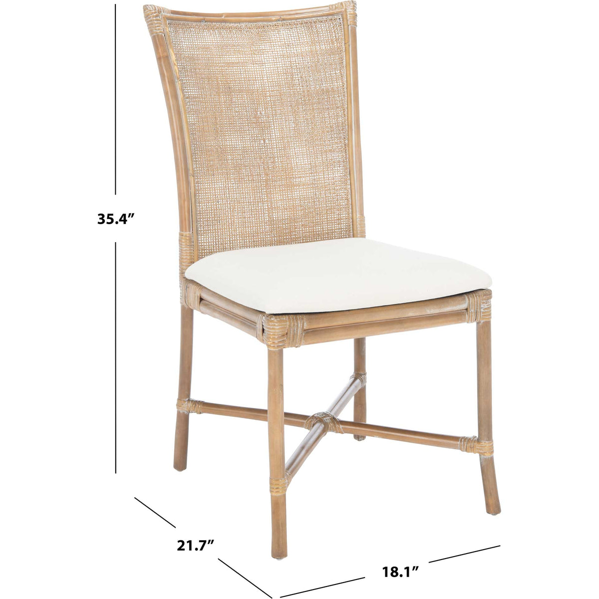 White-cushioned rattan chair measures 21.7 by 18.1 by 35.4 inches