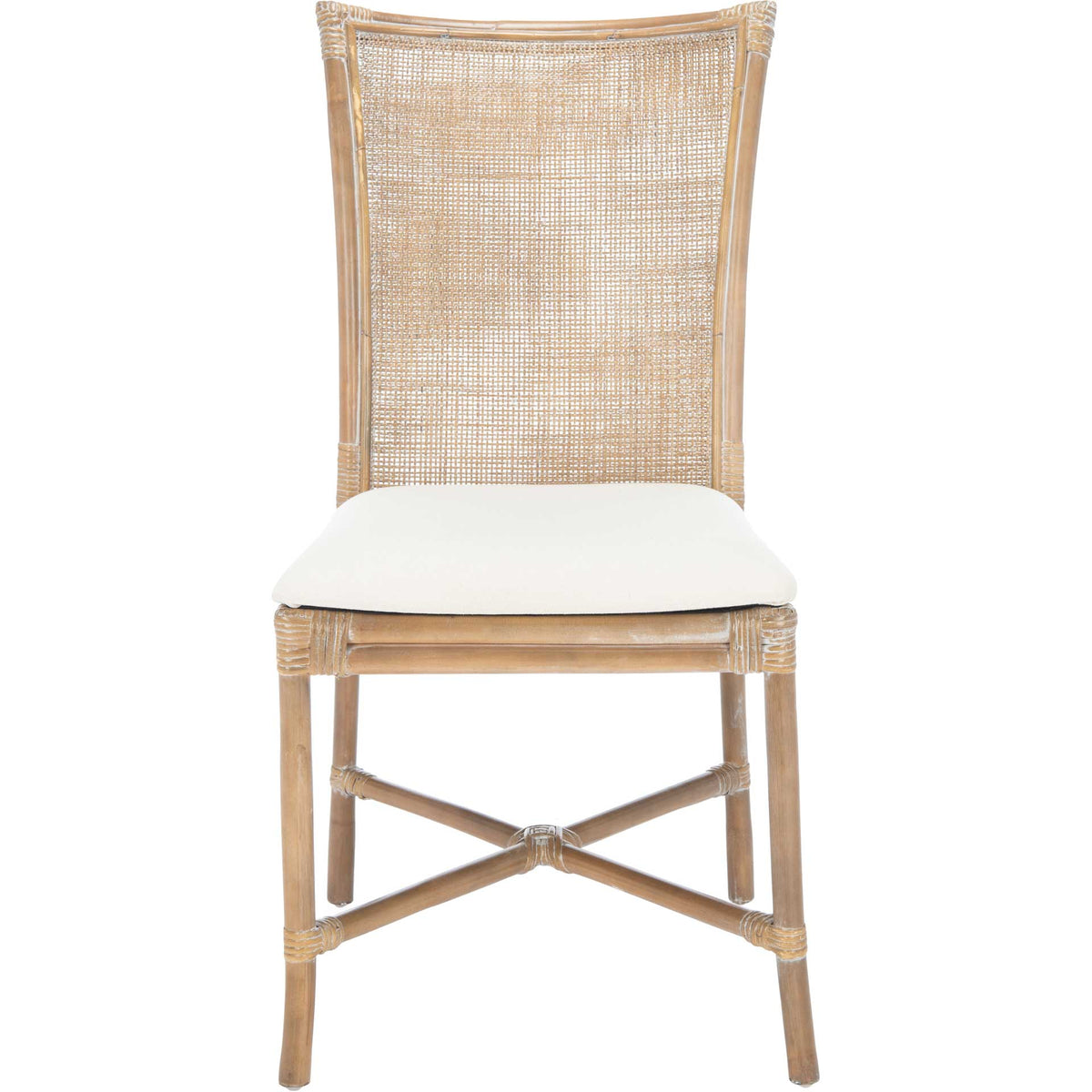 Airy woven rattan back and white cushion sit above crossed supports on this accent chair || ACH6512A-SET2 || front_studio