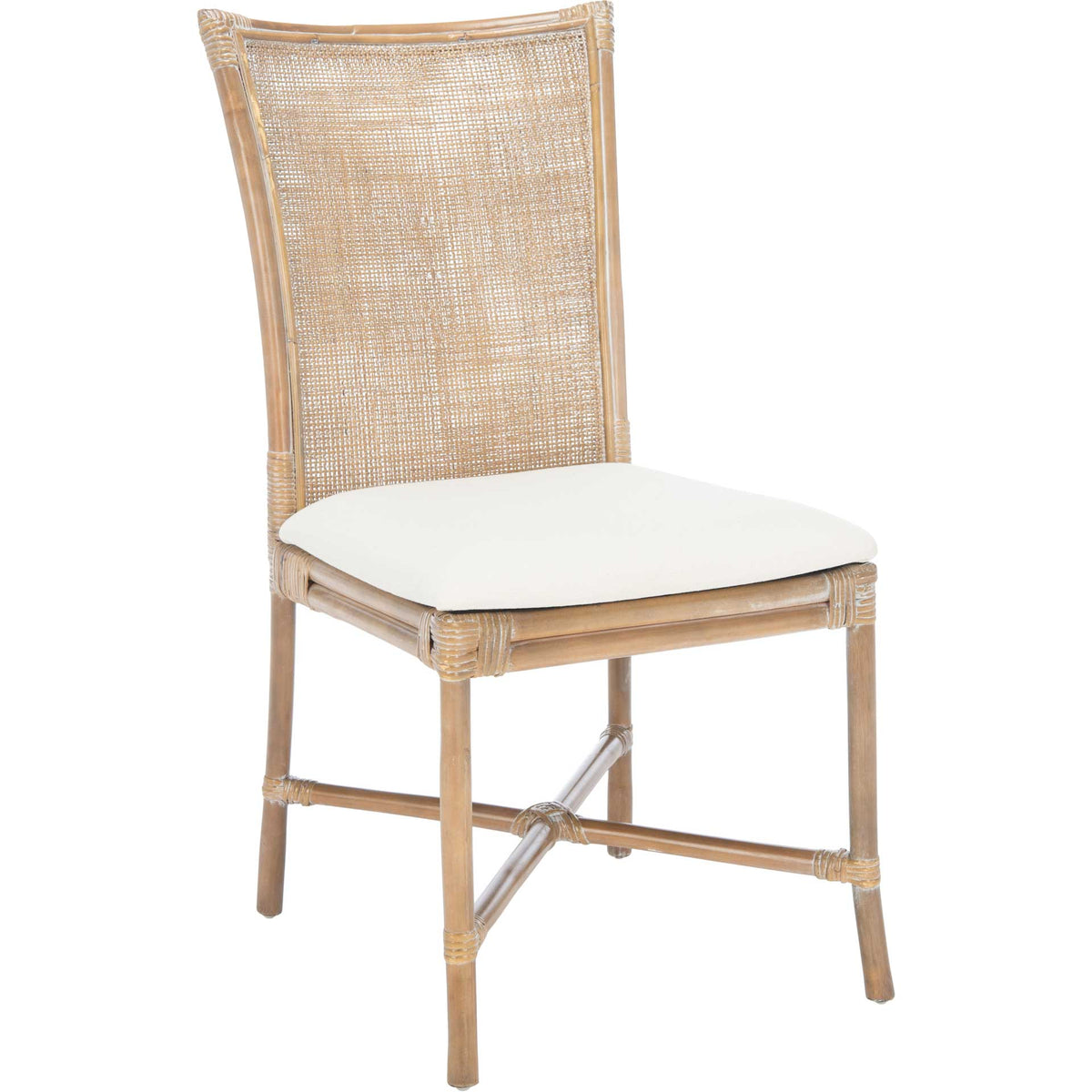 Curved woven rattan back, white cushion, and cross-braced legs create a relaxed coastal look || ACH6512A-SET2 || front_angle_studio