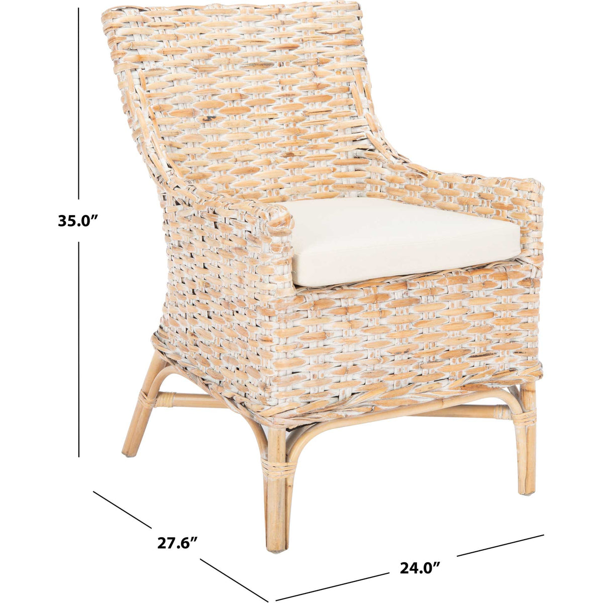 Whitewashed rattan chair with a white cushion measures 27.6 inches wide, 24 inches deep, and 35 inches tall
