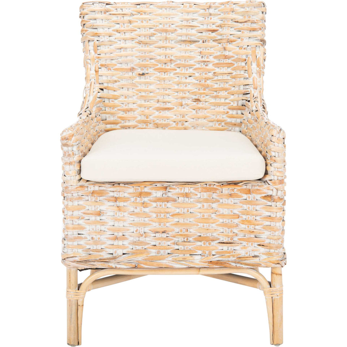 Whitewashed rattan accent chair combines a tall woven back, curved arms, and a plush white cushion || ACH6513A || front_studio