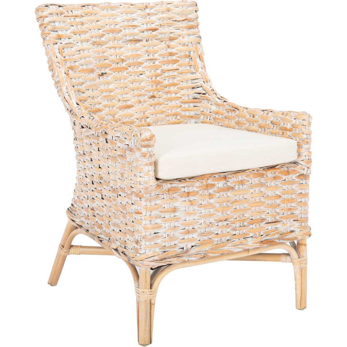 Curved whitewashed rattan back and wraparound woven arms frame a soft white seat cushion || ACH6513A || front_angle_studio