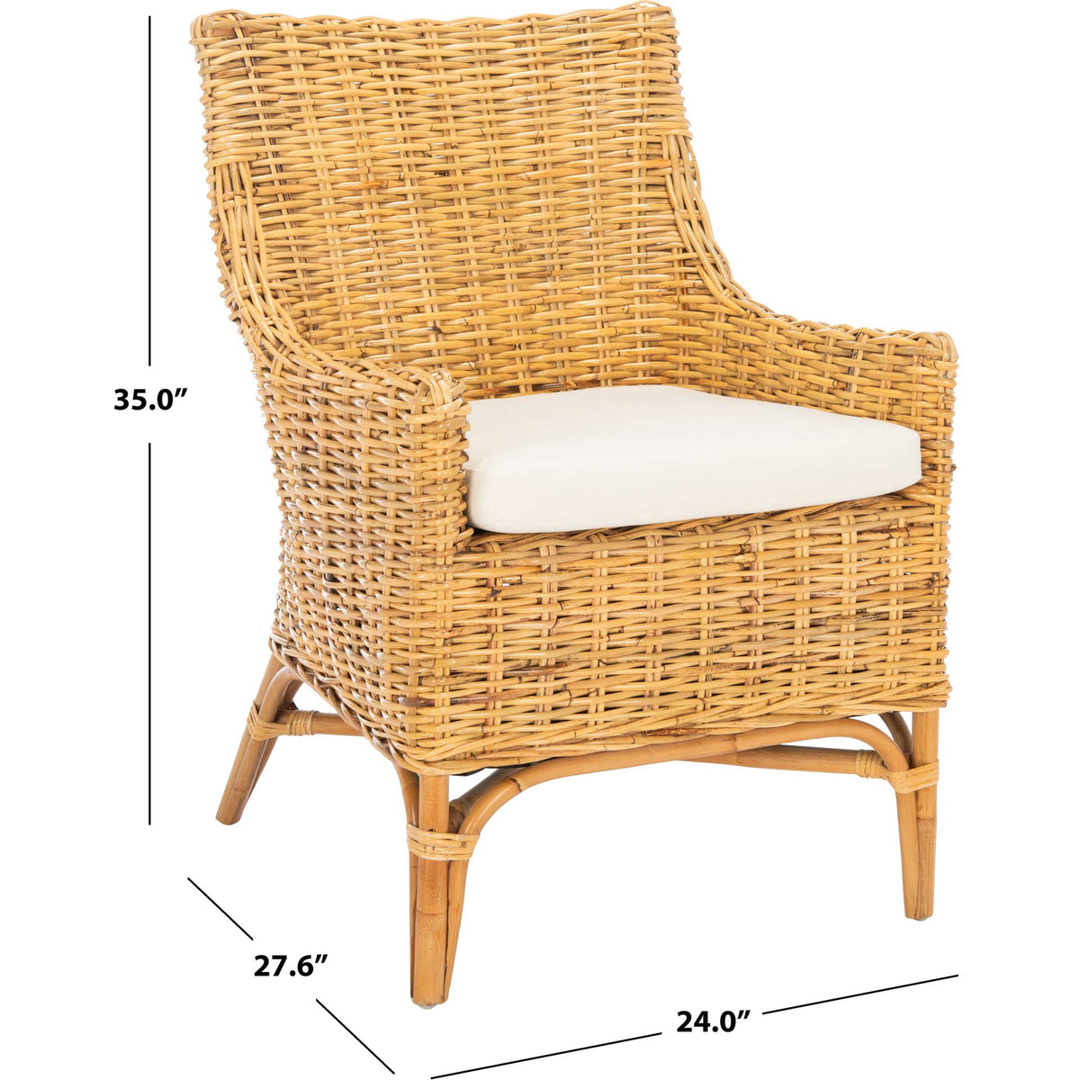 Natural rattan chair with a white cushion measures 27.6 inches wide, 24 inches deep, and 35 inches tall