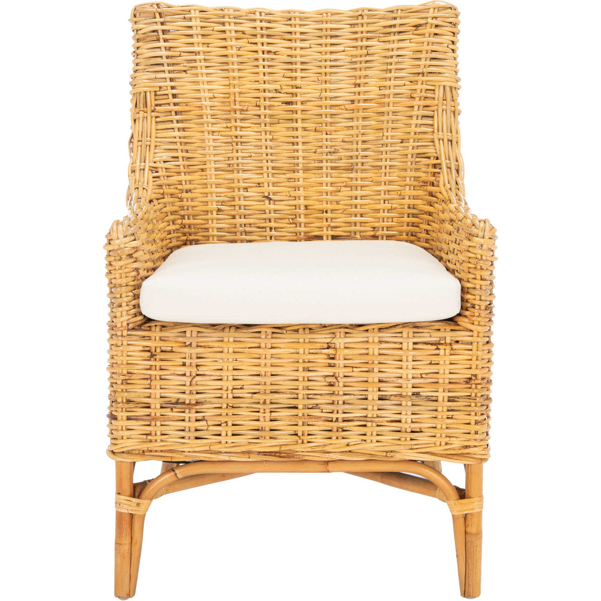 Natural rattan accent chair pairs a tall woven back and curved arms with a plush white seat cushion || ACH6513B || front_studio