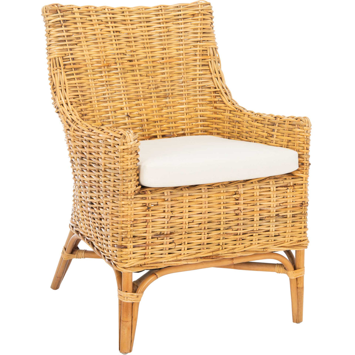 Honey-toned rattan weaves around a curved back and arms, cradling a soft white seat cushion || ACH6513B || front_angle_studio