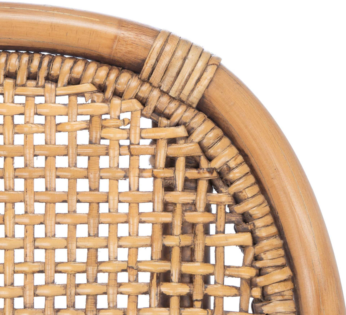 Honey-brown rattan wraps the rounded back frame, highlighting the intricate woven lattice.