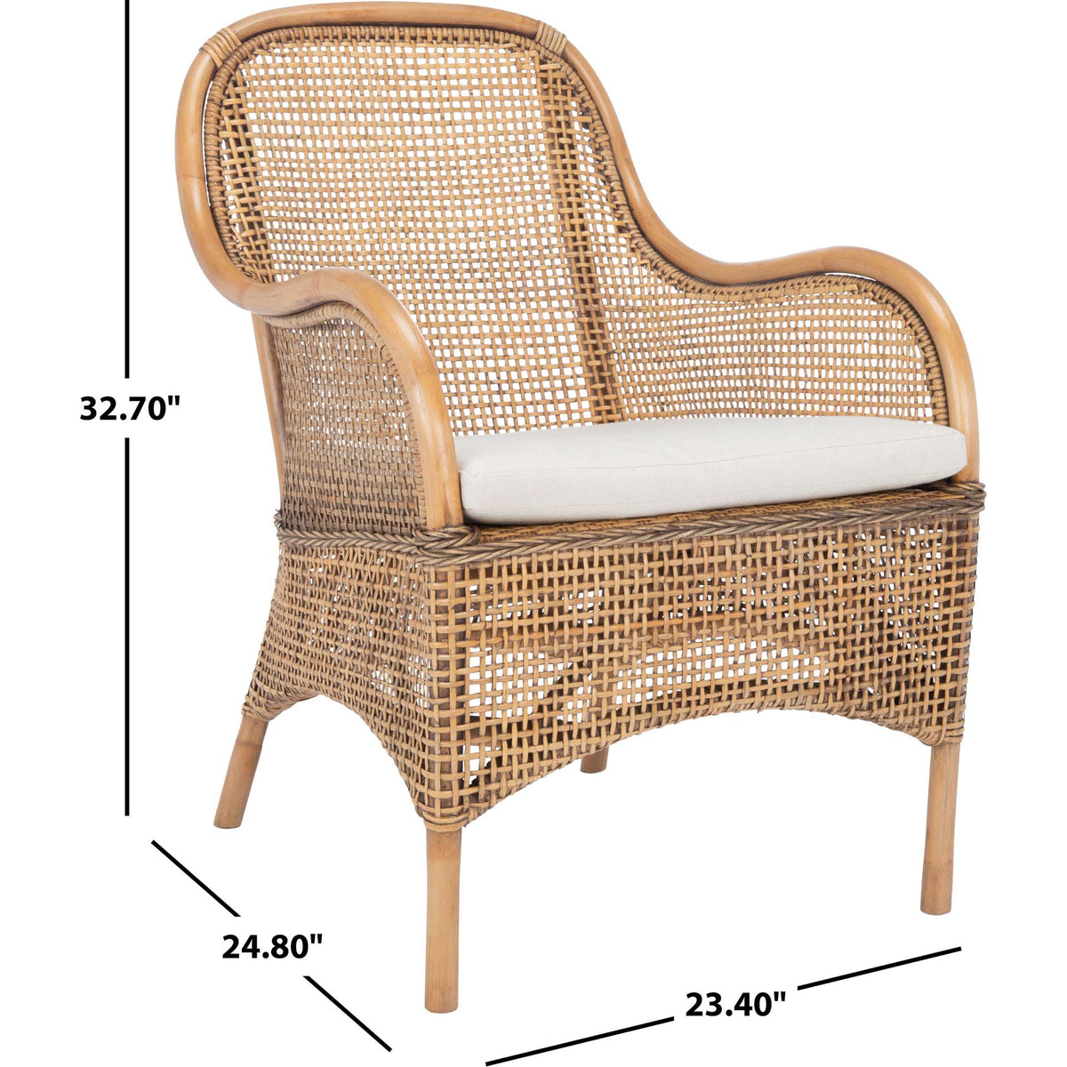 This woven rattan accent chair pairs a white cushion with curved arms and a 32.7-inch height.