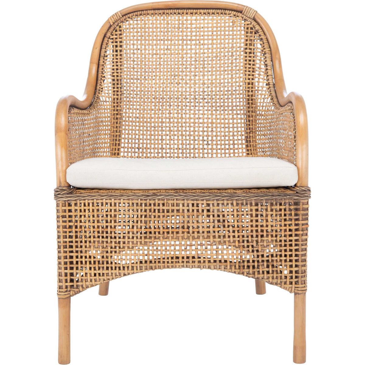 A rounded woven rattan back and curved arms frame the white cushion on this honey-brown accent chair. || ACH6514A || front_studio