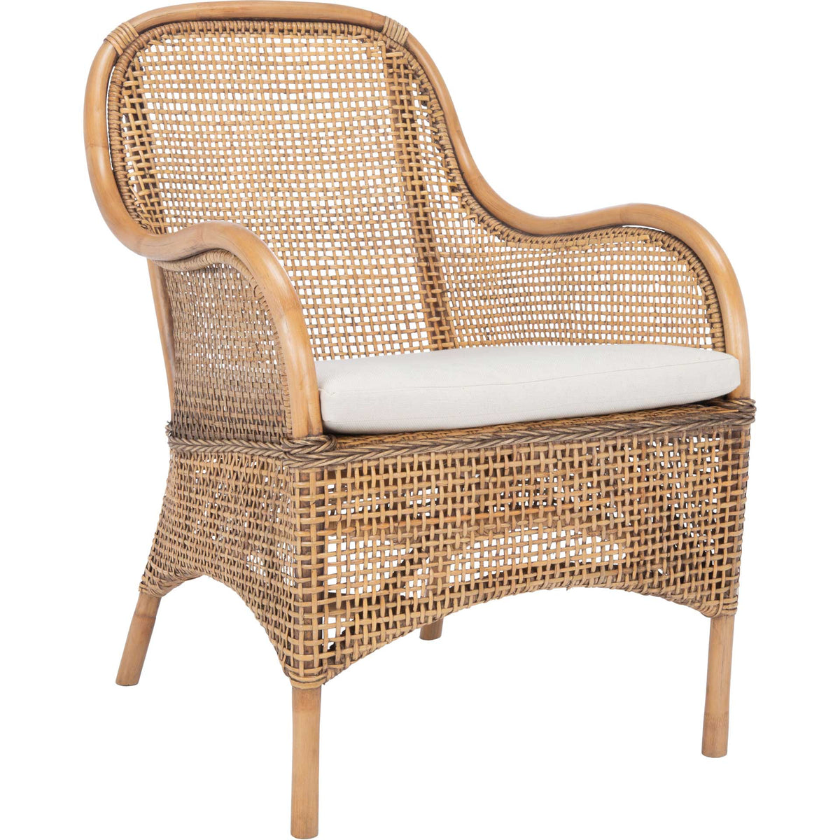 Flowing honey-brown rattan arms embrace an airy woven back and a white cushioned seat. || ACH6514A || front_angle_studio