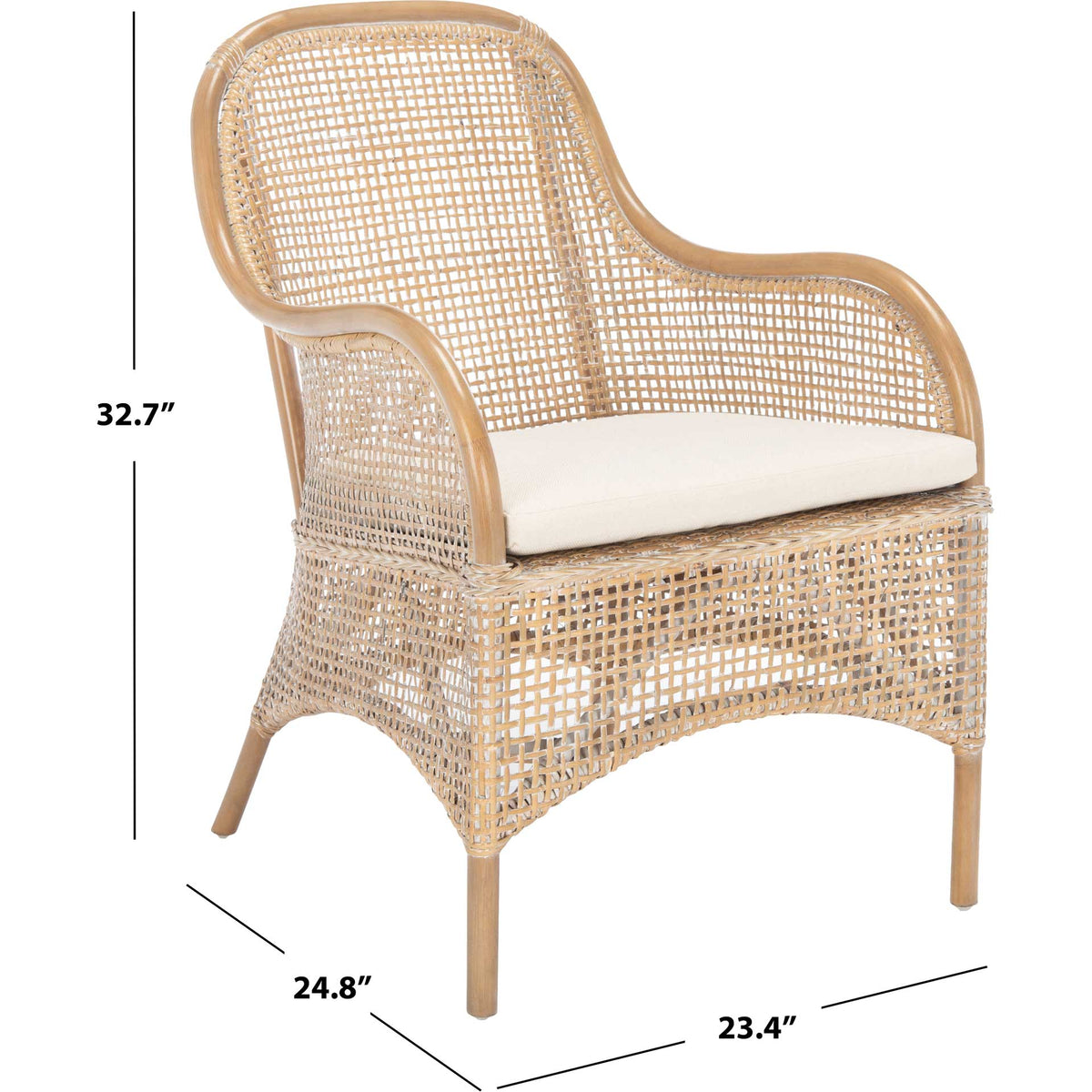 This whitewashed rattan accent chair stands 32.7 inches tall, with a curved back and white cushion.