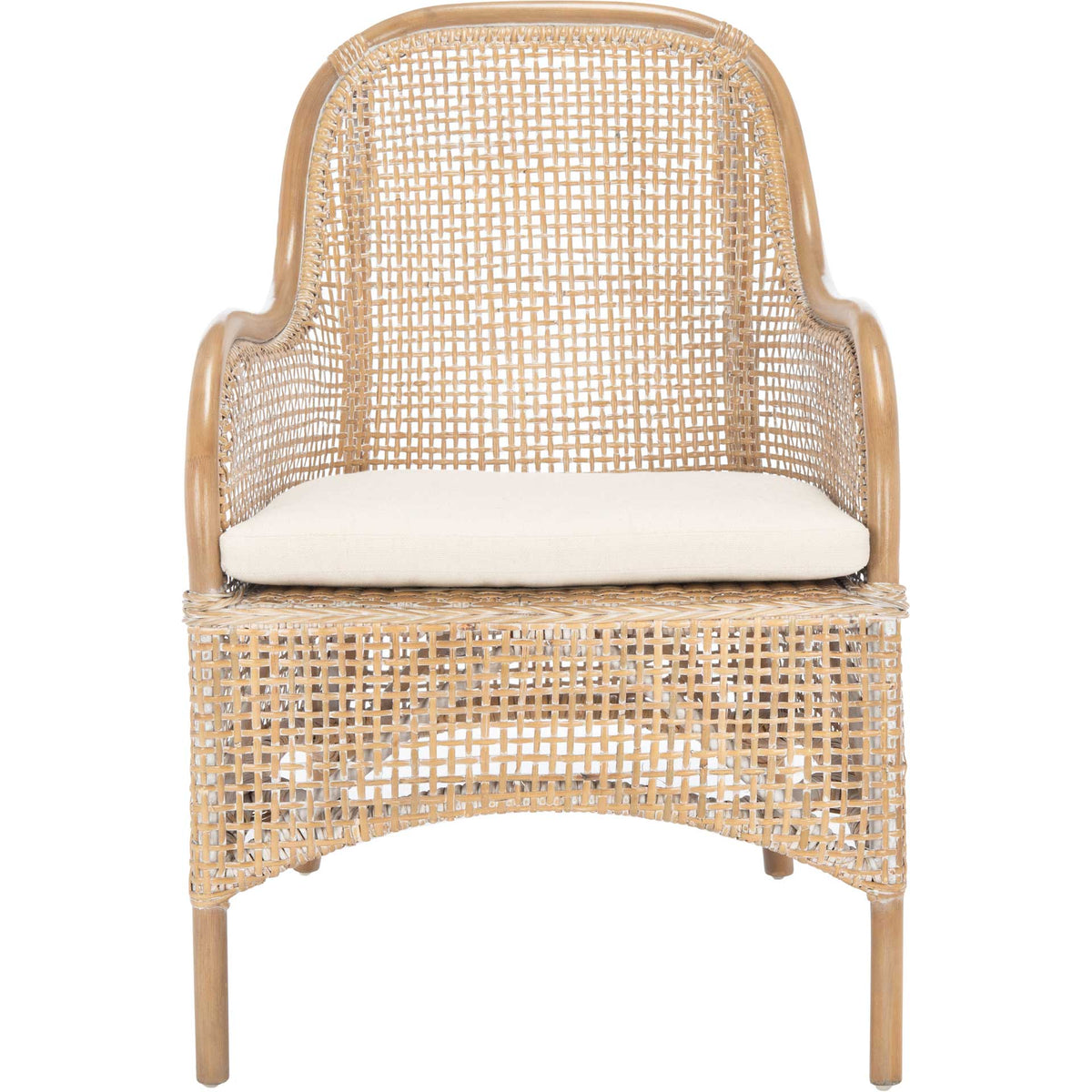 Gently sweeping arms frame the airy woven back and white cushion of this light-washed rattan chair. || ACH6514B || front_studio