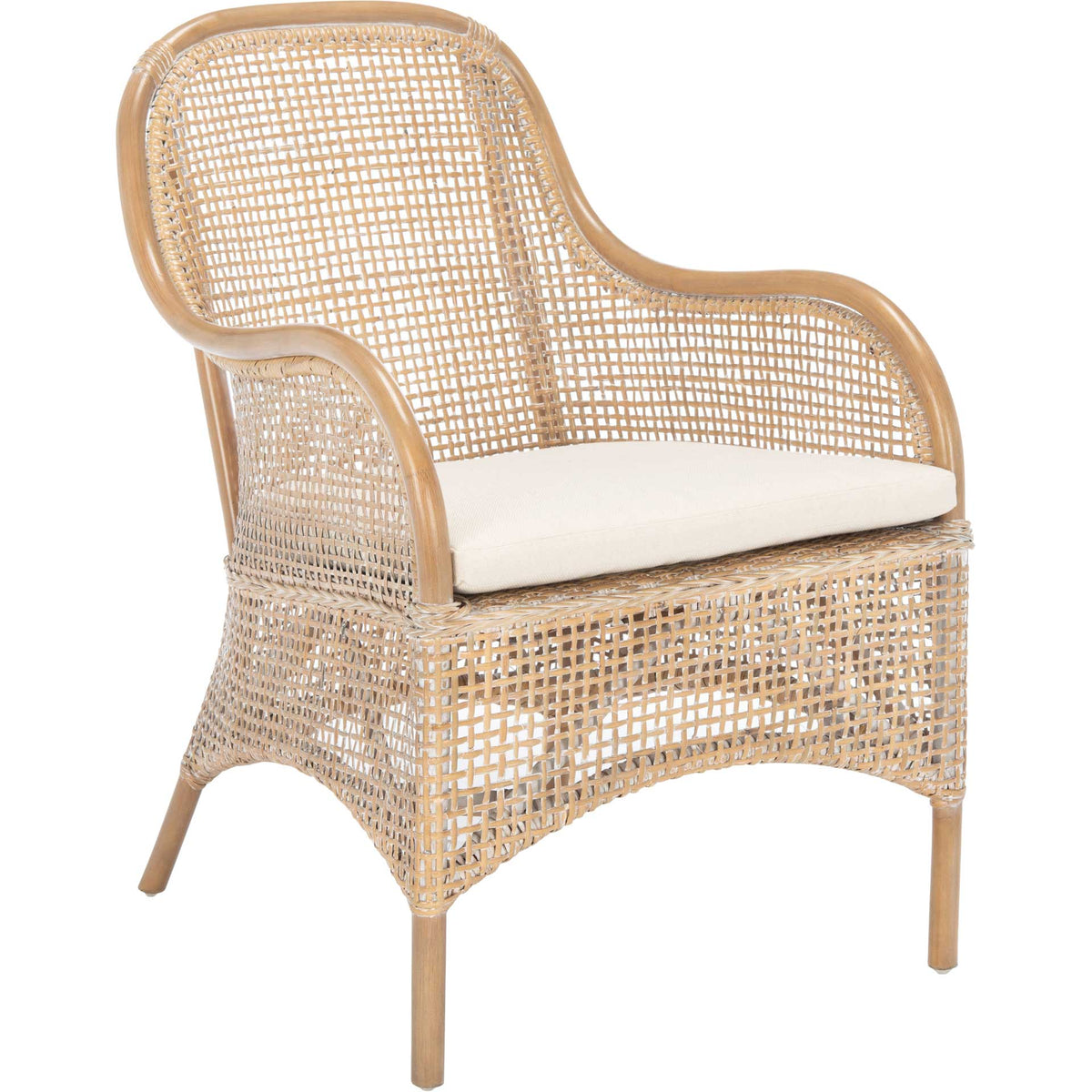 A pale gray-whitewashed rattan frame curves around the woven back and a white cushion. || ACH6514B || front_angle_studio