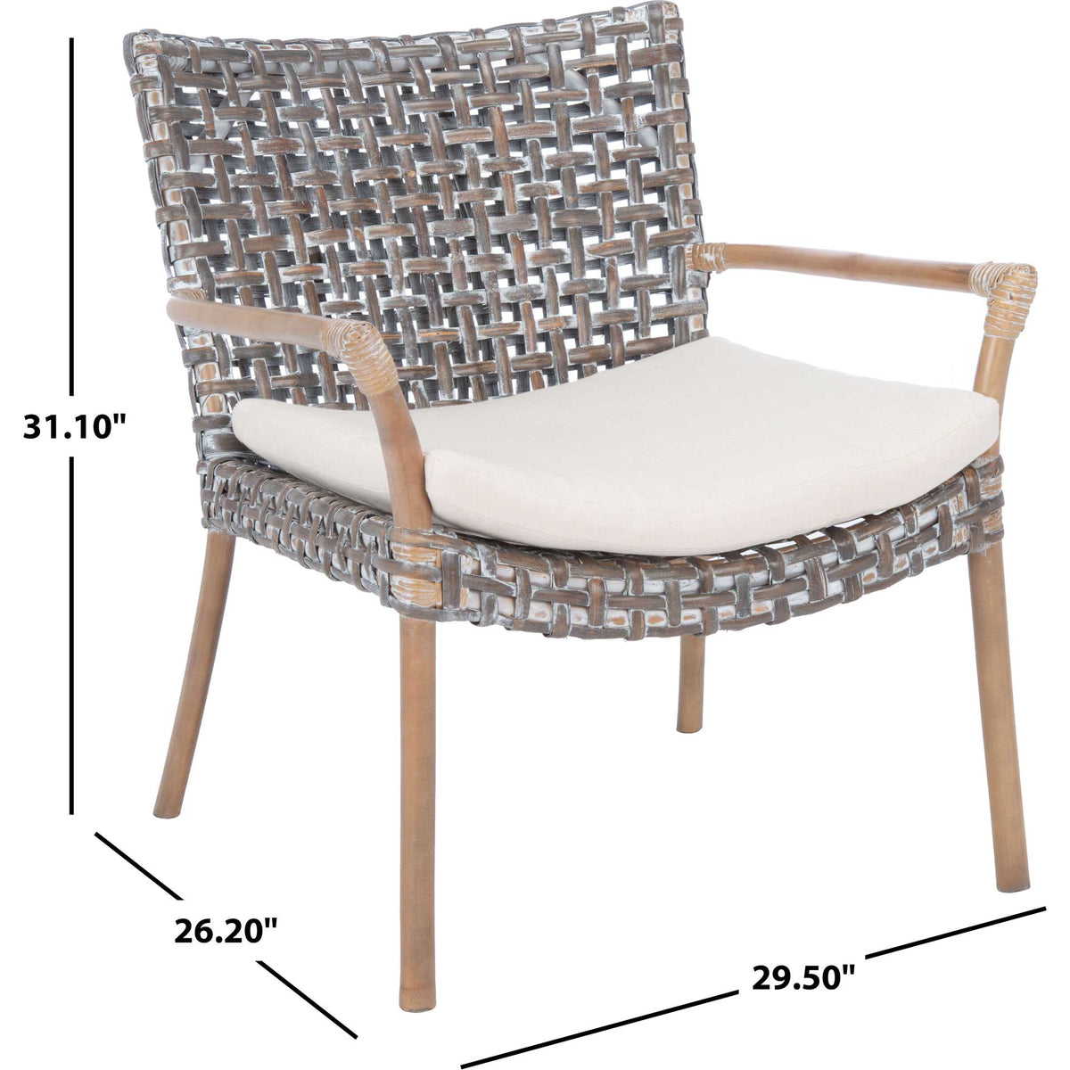 A gray-washed rattan chair with open arms, a curved back, and a white linen cushion.