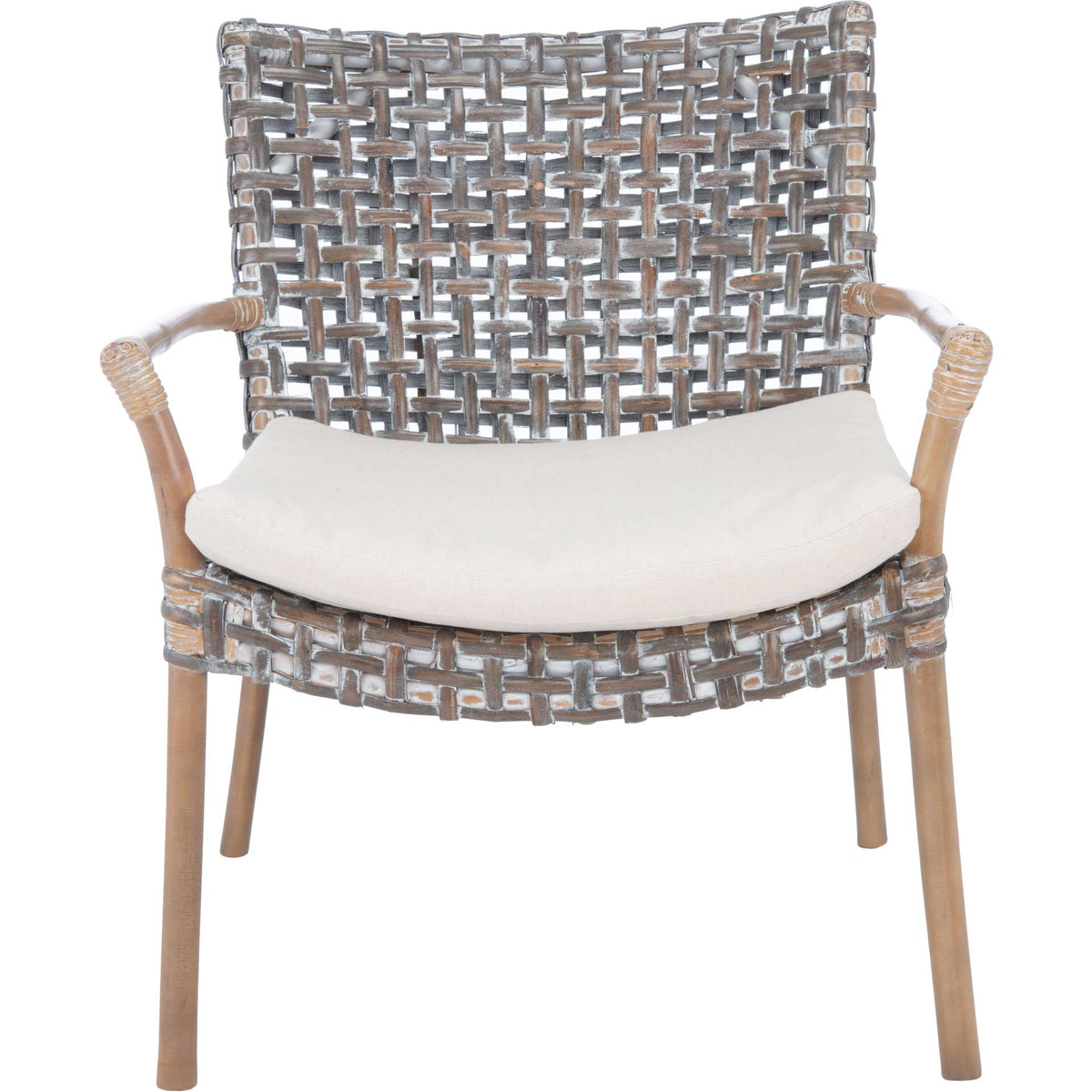 An open-weave rattan back and curved white cushion bring breezy comfort to this gray-washed accent chair. || ACH6515A || front_studio