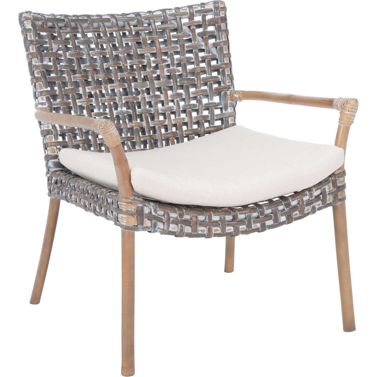 A gray-washed rattan chair pairs an airy woven back with natural wood arms and a plush white cushion. || ACH6515A || front_angle_studio