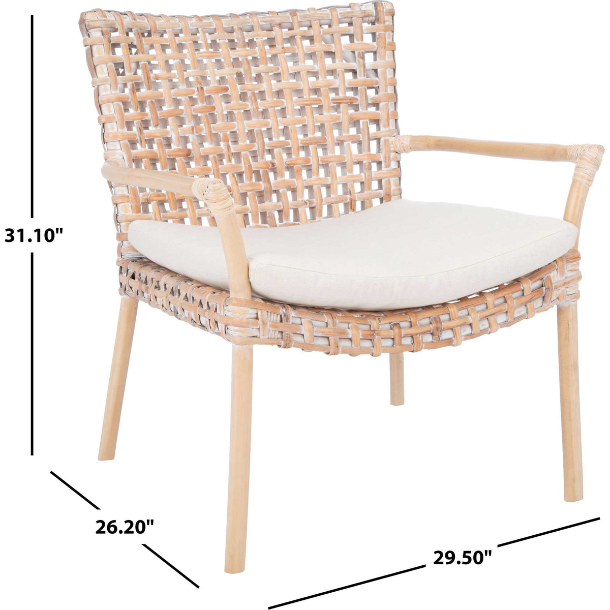 A natural whitewashed rattan chair with open arms, a cushioned seat, and a curved back.