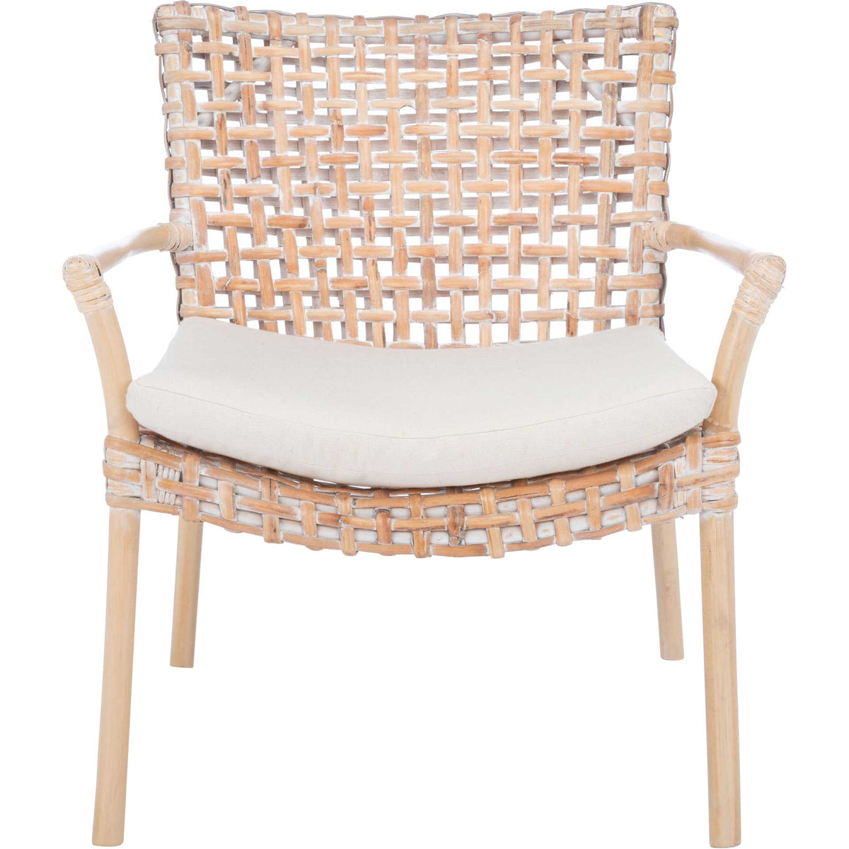 Pale woven rattan and a gently curved white seat cushion give this accent chair an airy coastal feel. || ACH6515B || front_studio