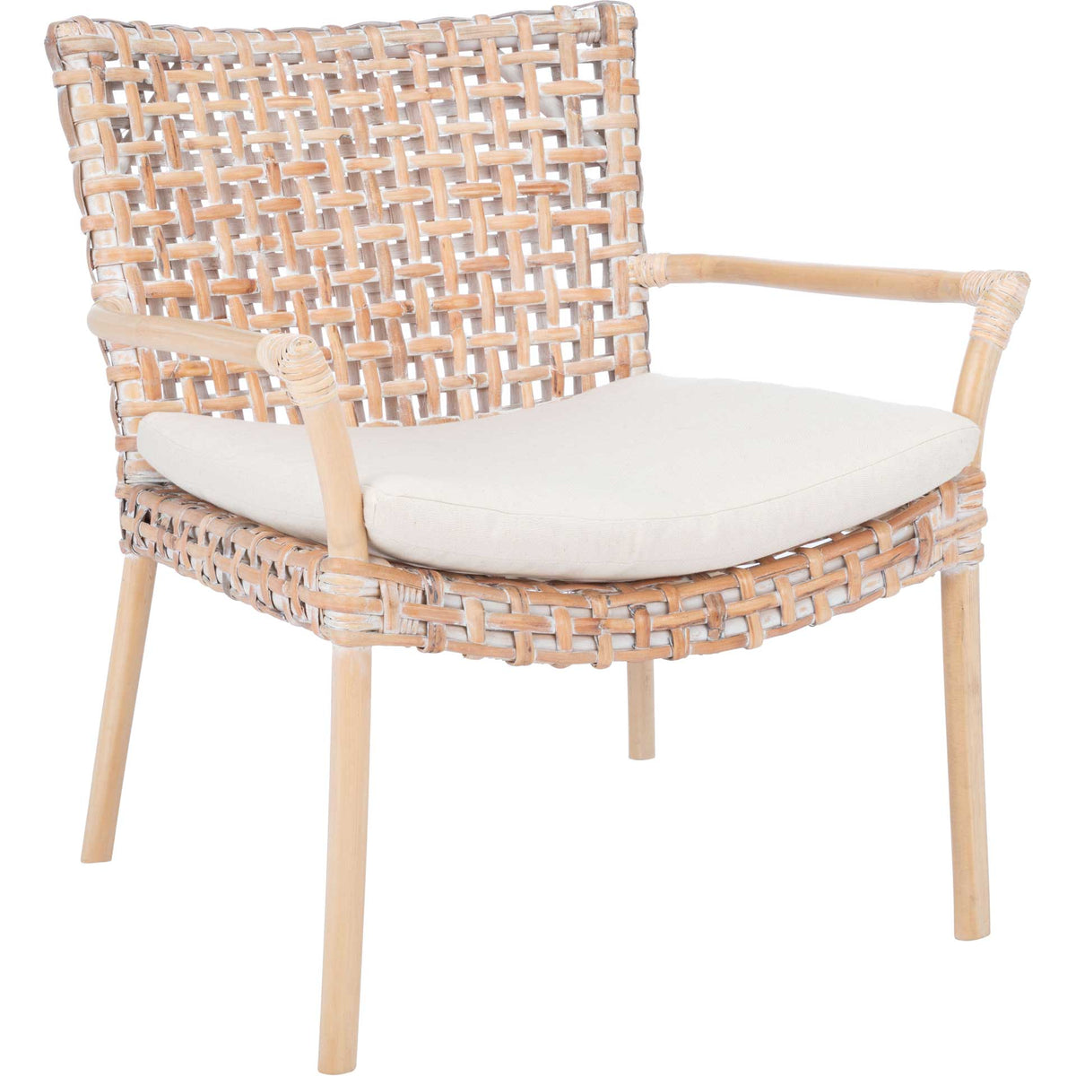 A whitewashed rattan accent chair pairs an open basket weave with a plush white cushion and natural wood arms. || ACH6515B || front_angle_studio