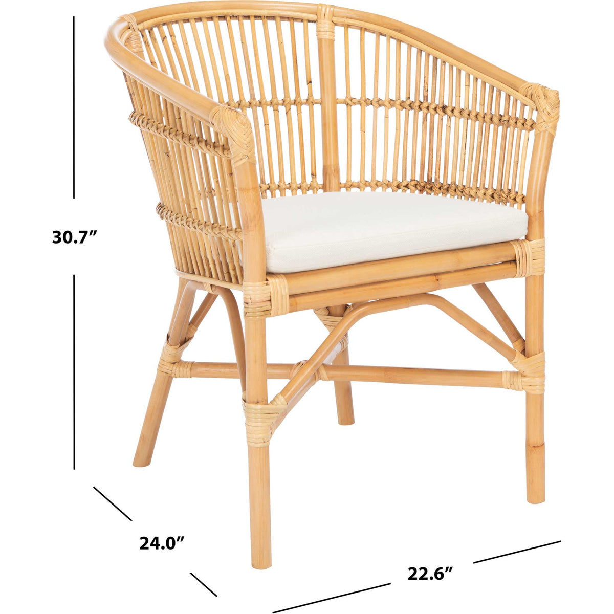 A natural rattan chair with a white seat cushion measures 24 by 22.6 by 30.7 inches.