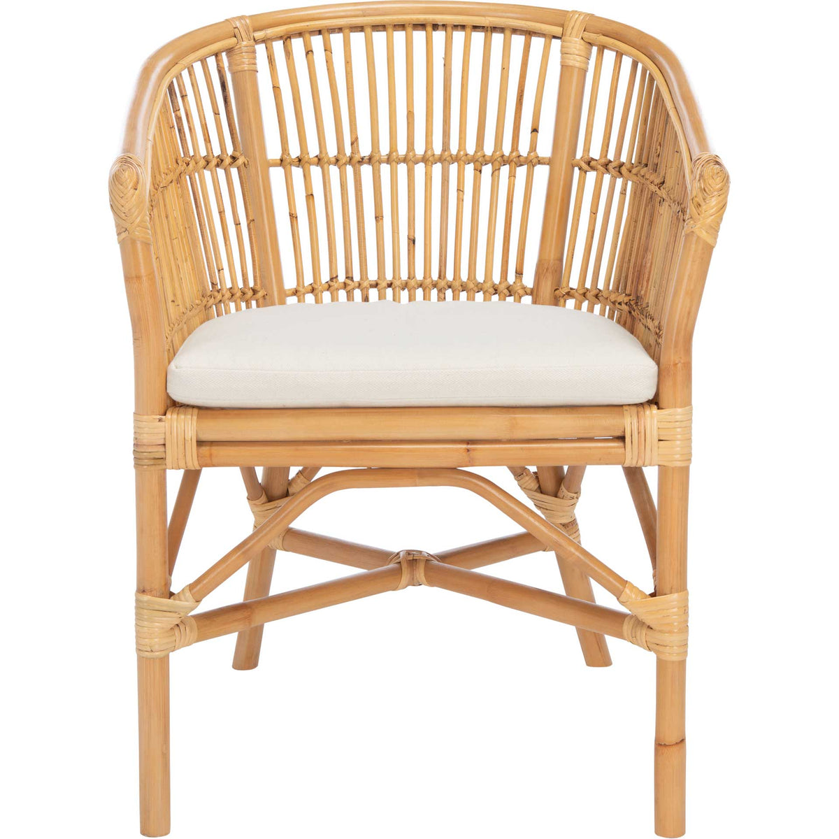 A natural rattan barrel back surrounds a white seat cushion above tapered legs and an airy cross-braced base. || ACH6516A || front_studio