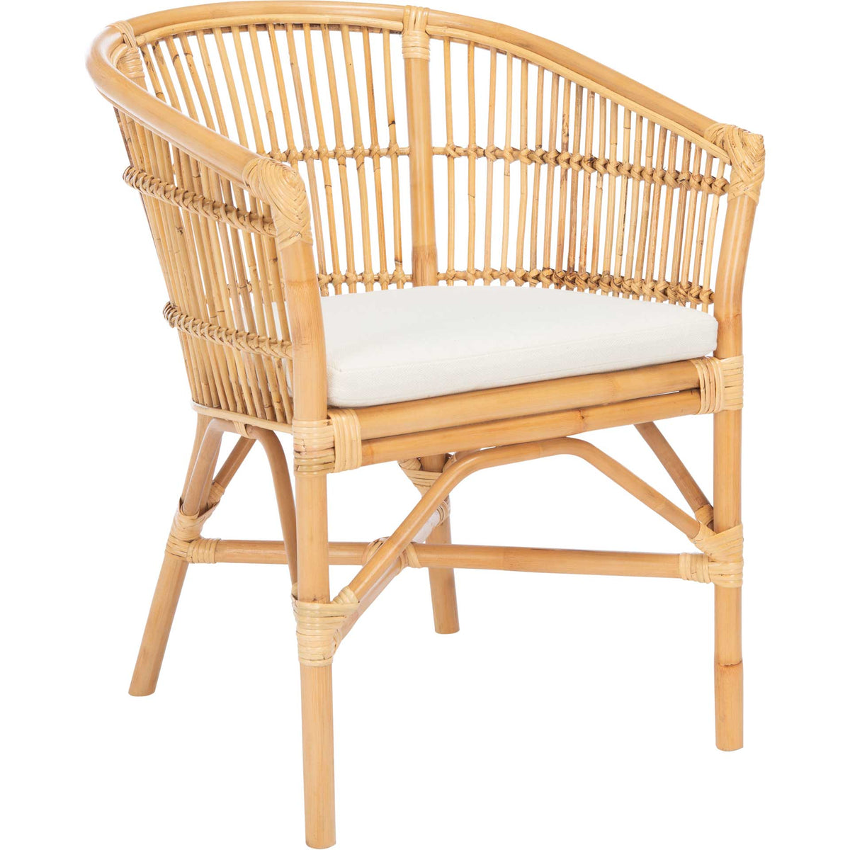 Warm natural rattan forms a curved spindle back around a white cushioned seat and cross-braced legs. || ACH6516A || front_angle_studio