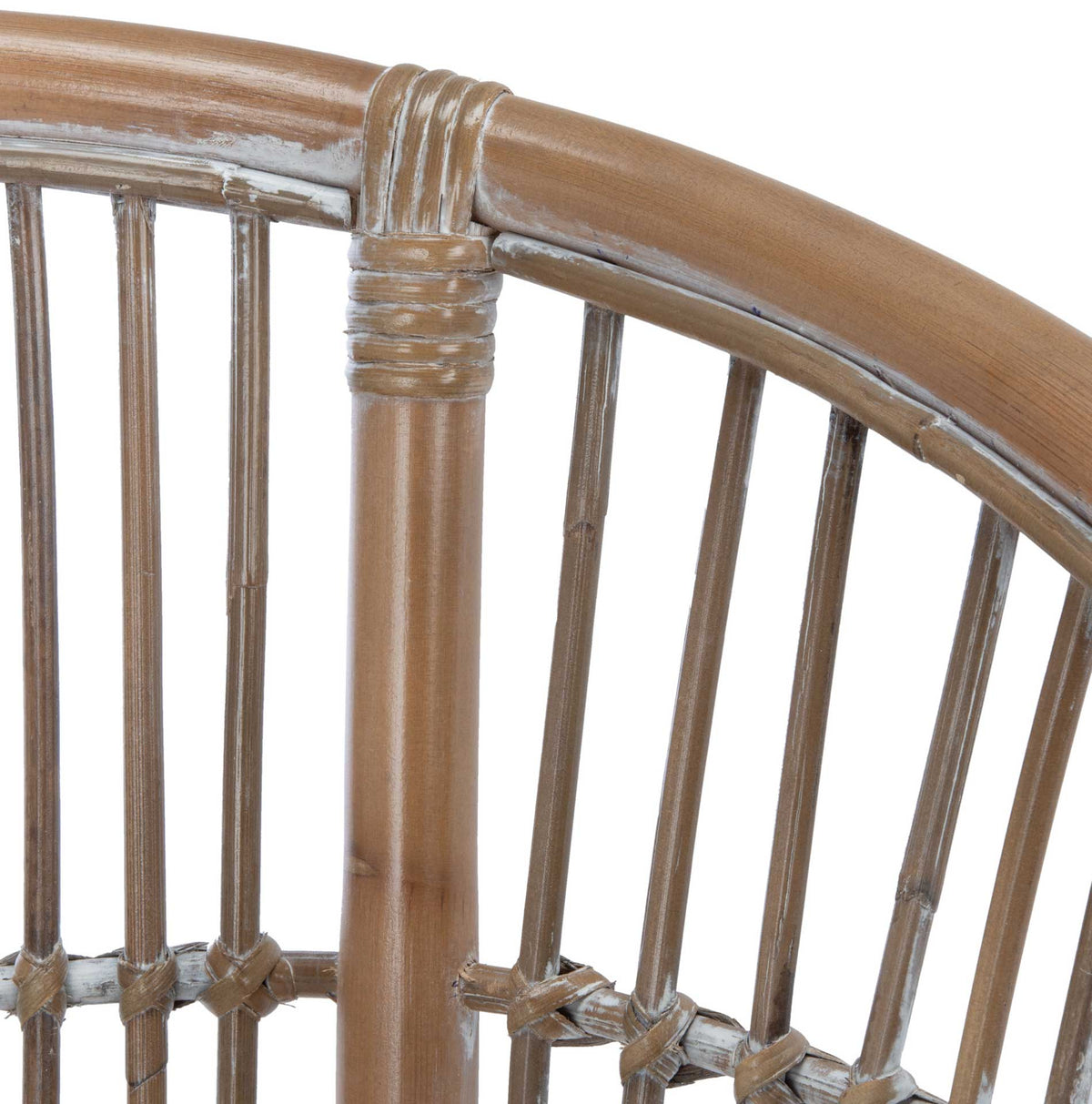 Wrapped rattan joints accent the curved top rail and open spindles in a gray-whitewashed finish.