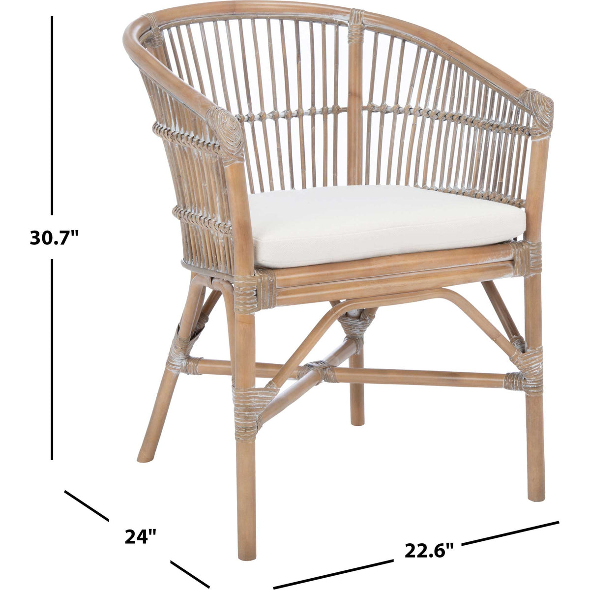 A compact gray-whitewashed rattan chair measures 24 by 22.6 by 30.7 inches and has a white cushion.