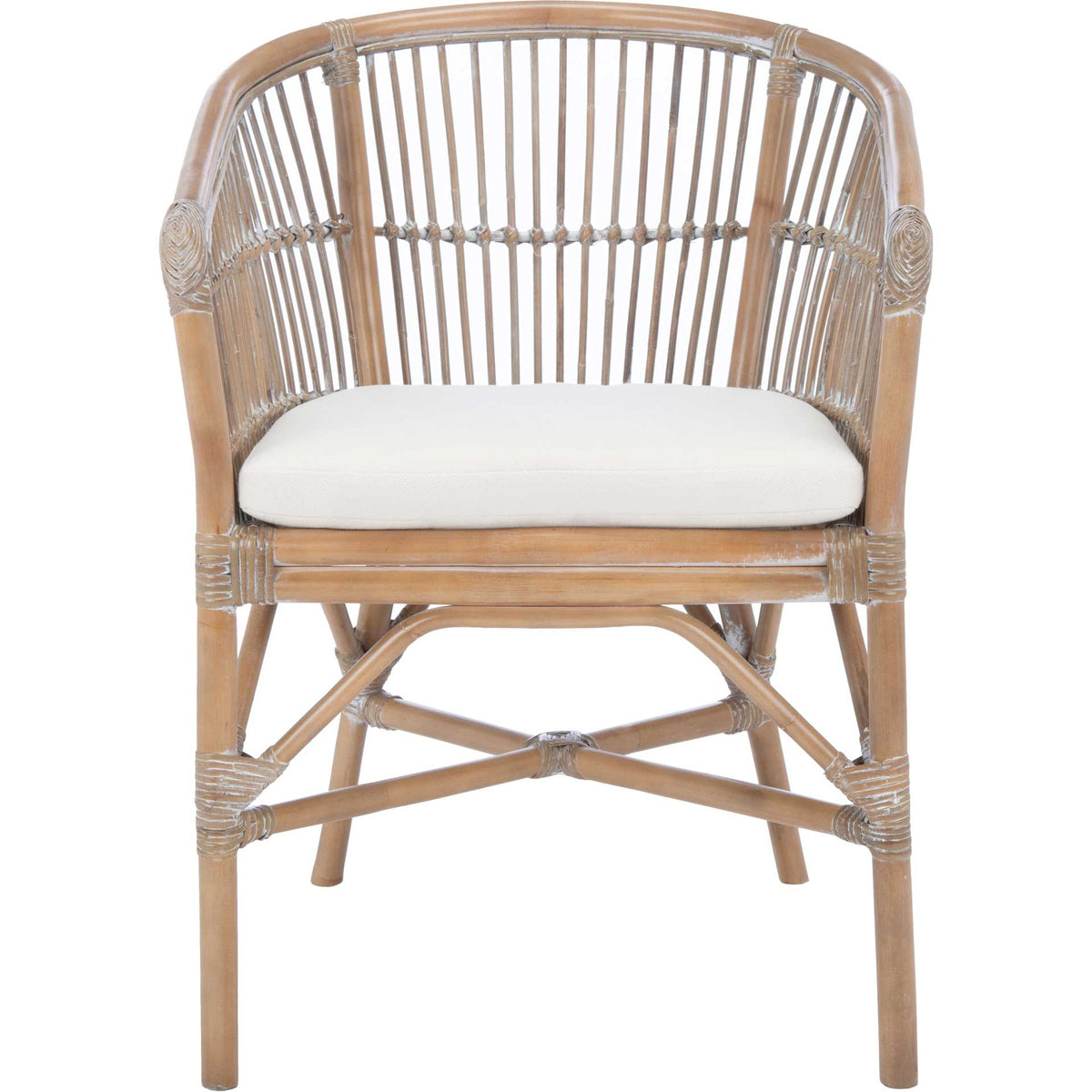 A white cushion softens the gray-whitewashed rattan chair's airy barrel back and cross-braced base. || ACH6516B || front_studio