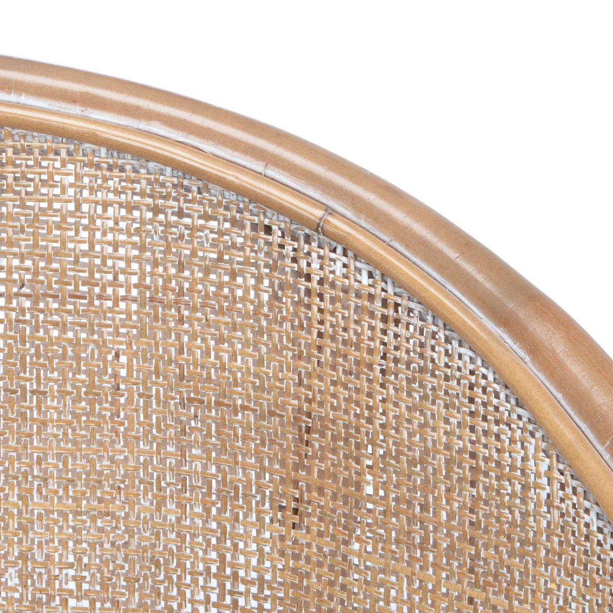 A smooth gray-washed rattan rim frames the intricate woven back