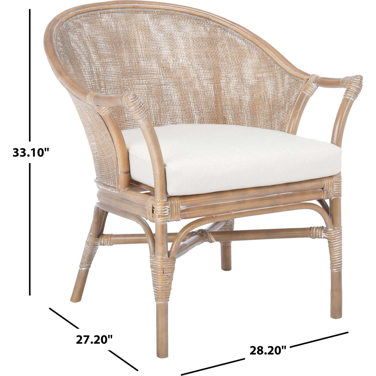 Gray-washed rattan chair with a white cushion measures 27.2 by 28.2 by 33.1 inches