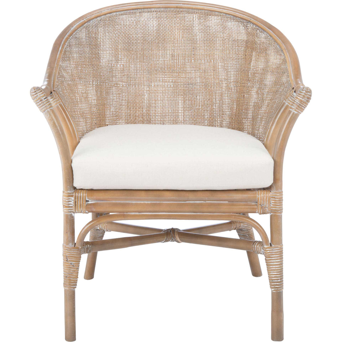 Rounded woven rattan back and gently curved arms surround a soft white seat cushion || ACH6517A || front_studio