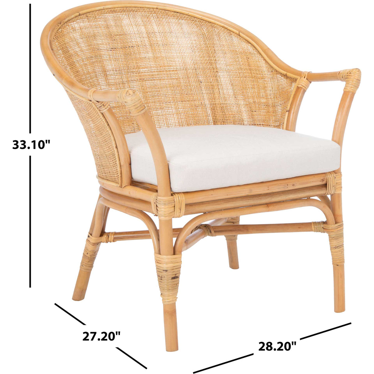 Natural rattan chair with a white cushion measures 27.2 by 28.2 by 33.1 inches